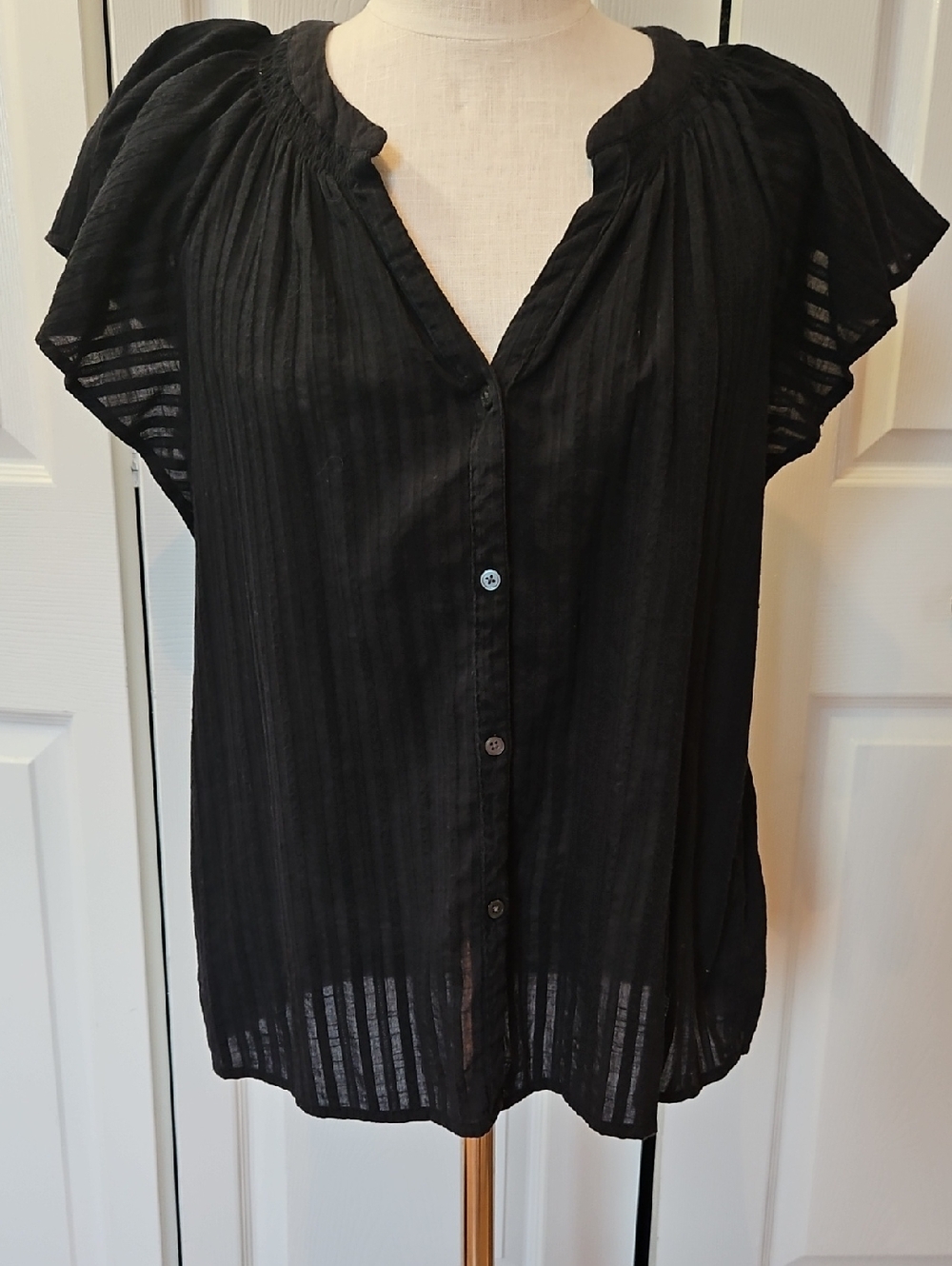 LOFT Black Semi-Sheer Button-Front Flutter Sleeve Top Size M